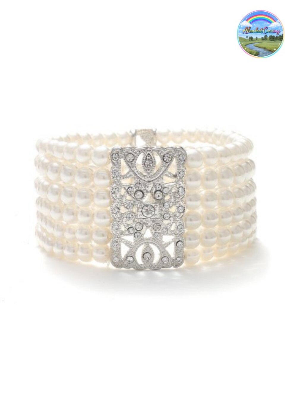 Pearl Crystal Stretch Cuff Bracelet Vintage Art Deco Bridal Wedding